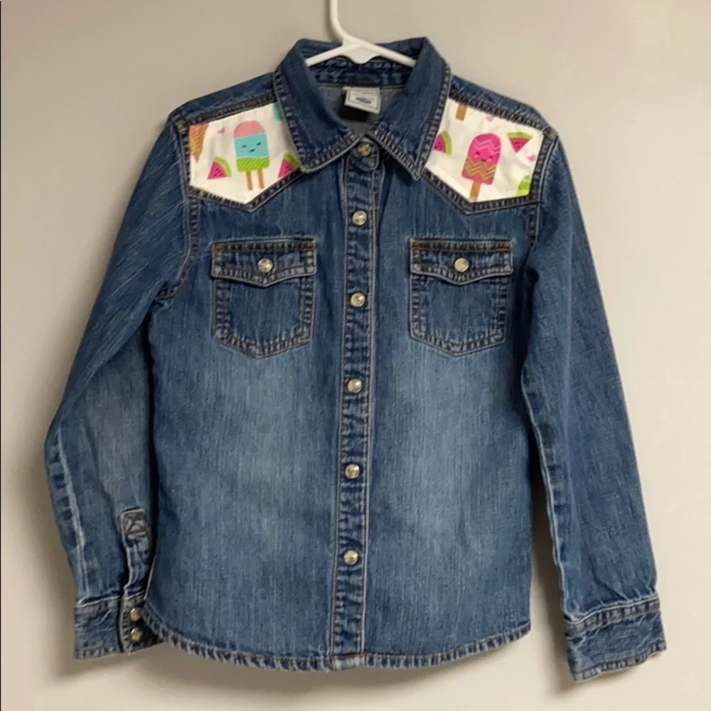 Life Is Sweet  Old Navy Upcycled denim jacket/ shirt , Flower snaps Girls 7,